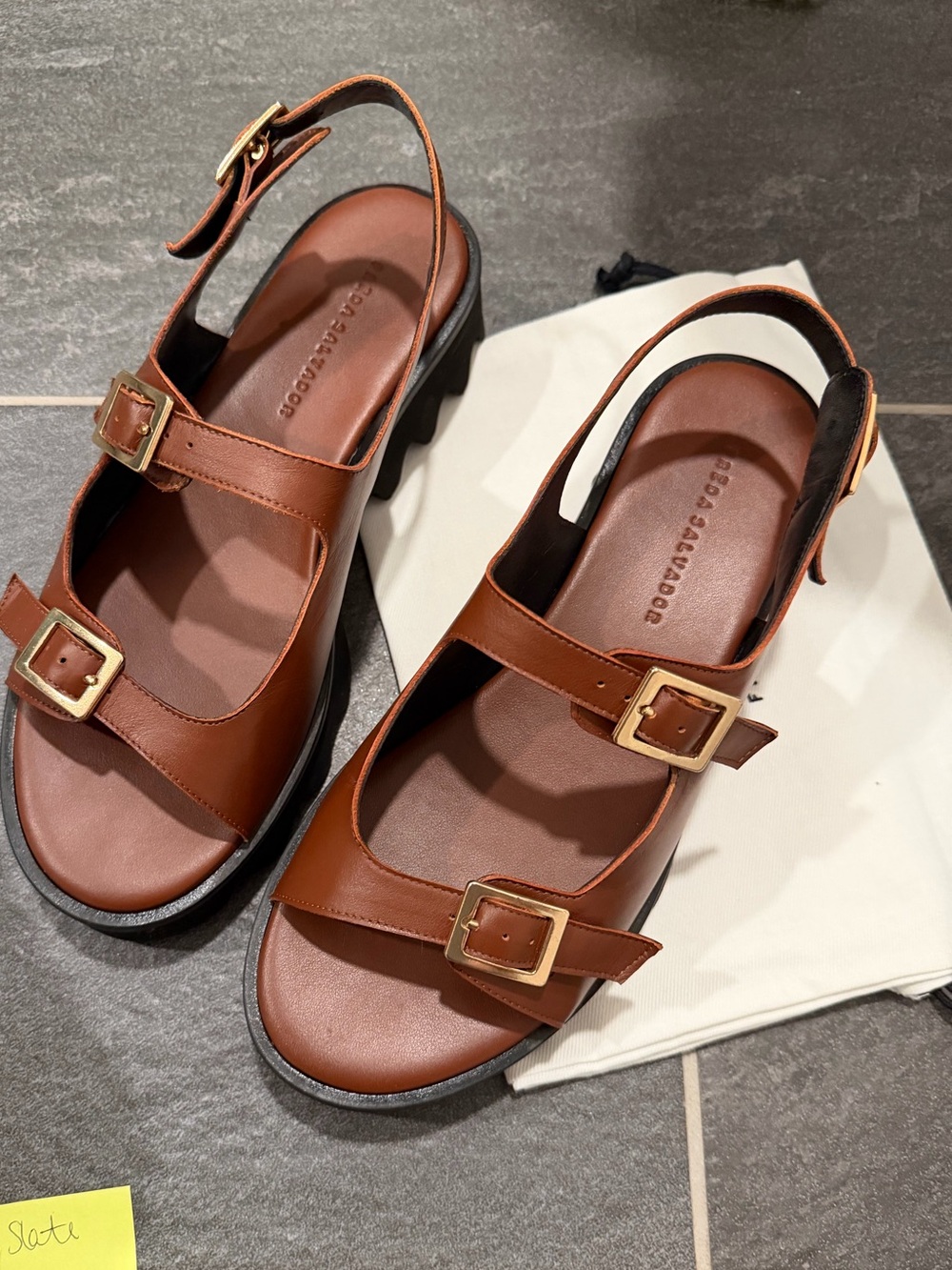 Freda Salvador Brown Leather Double-Buckle Slingback Sandals